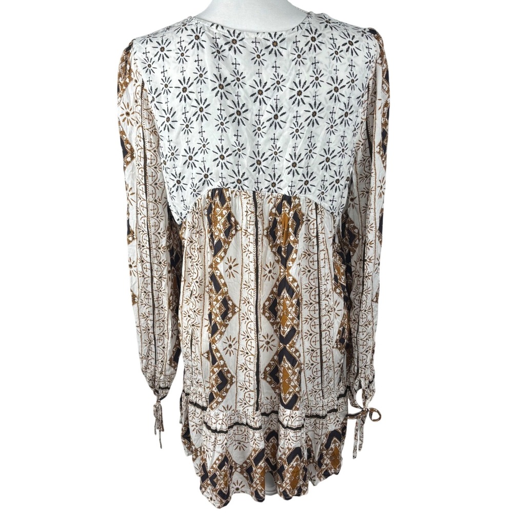 Free People Women Large White Brown Geometric Medallion Boho Mini Dress OB456201 - Picture 2 of 9